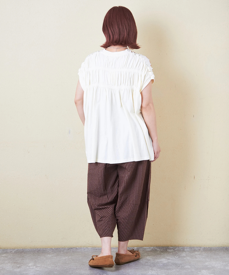 CUBE SUGAR(キューブシュガー) |32/-天竺 ロゴプリント シャーリング フレンチスリーブ Tシャツ