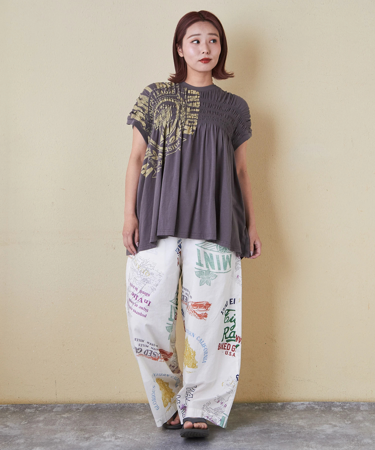 CUBE SUGAR(キューブシュガー) |32/-天竺 ロゴプリント シャーリング フレンチスリーブ Tシャツ