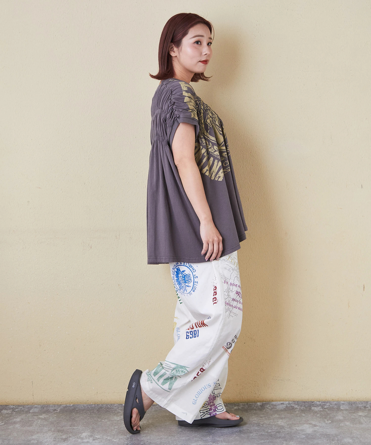 CUBE SUGAR(キューブシュガー) |32/-天竺 ロゴプリント シャーリング フレンチスリーブ Tシャツ