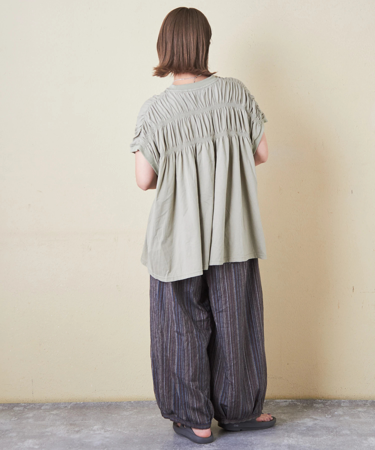 CUBE SUGAR(キューブシュガー) |32/-天竺 ロゴプリント シャーリング フレンチスリーブ Tシャツ
