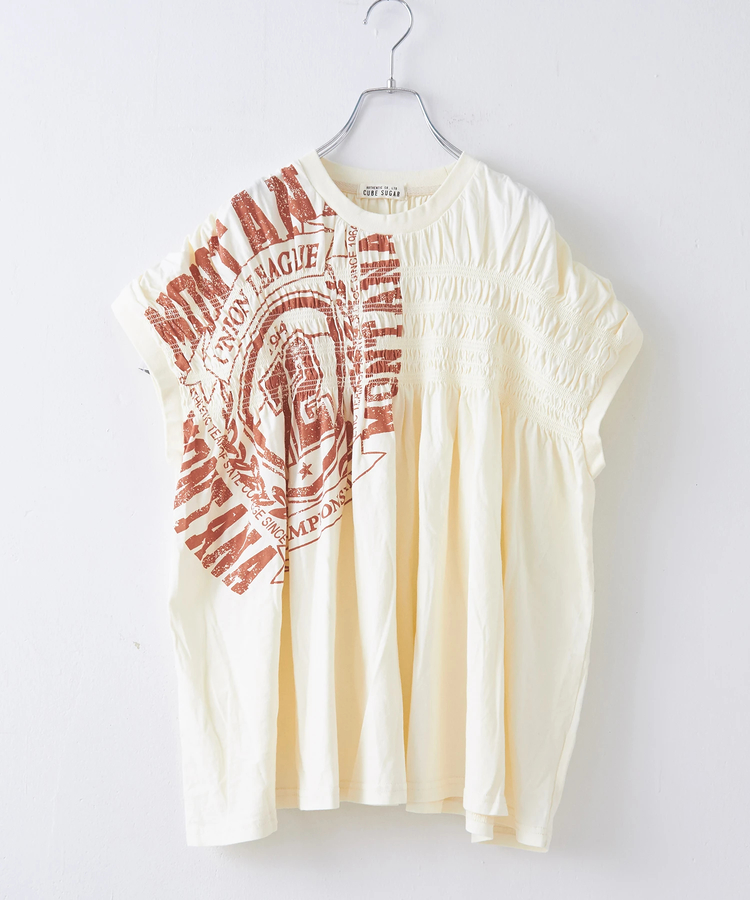 CUBE SUGAR(キューブシュガー) |32/-天竺 ロゴプリント シャーリング フレンチスリーブ Tシャツ