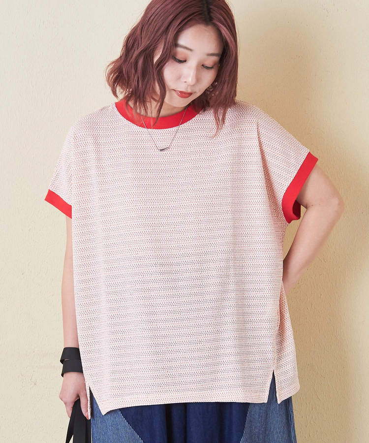 CUBE SUGAR(キューブシュガー) |シアー ジャガード 配色 ドルマン Tシャツ