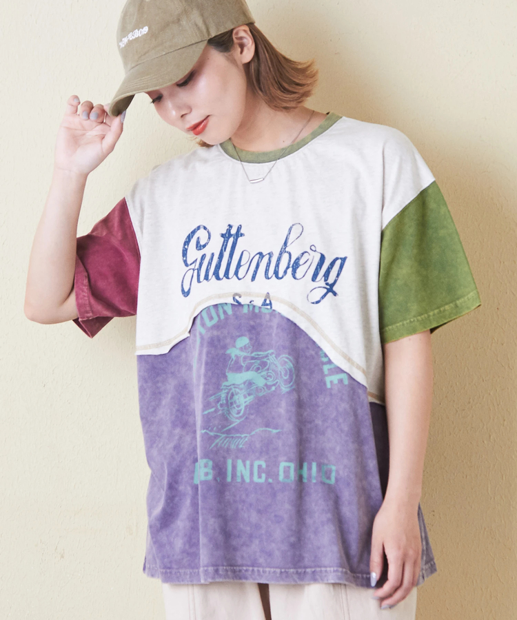 CUBE SUGAR(キューブシュガー) |26/-天竺 パウダー加工 ウェーブ切替 Tシャツ
