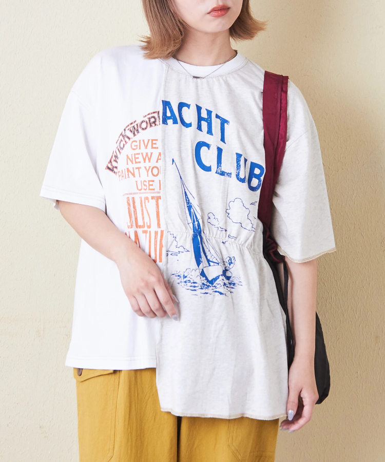 CUBE SUGAR(キューブシュガー) |26/-天竺 パウダー加工 リメイク風 切り替え シャーリング Tシャツ