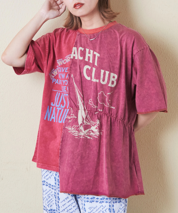 CUBE SUGAR(キューブシュガー) |26/-天竺 パウダー加工 リメイク風 切り替え シャーリング Tシャツ