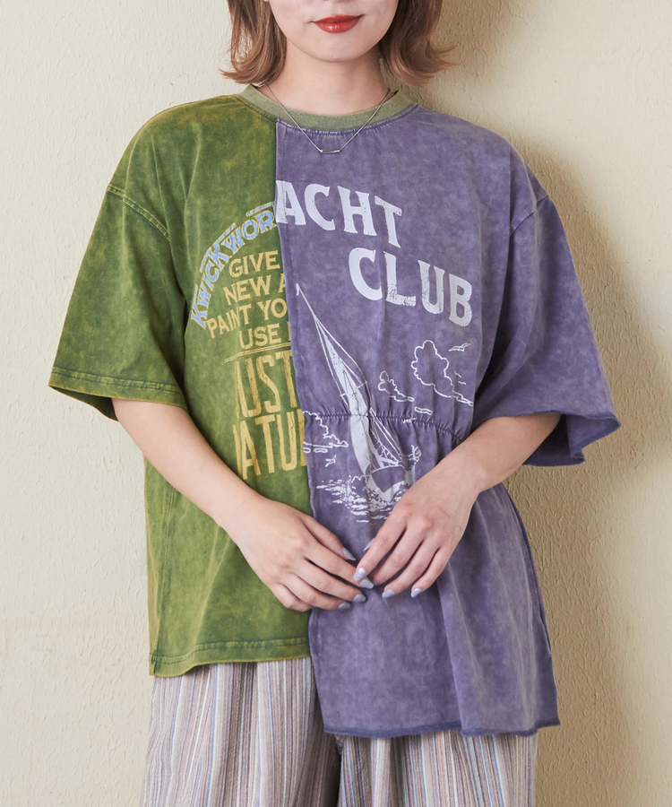 CUBE SUGAR(キューブシュガー) |26/-天竺 パウダー加工 リメイク風 切り替え シャーリング Tシャツ