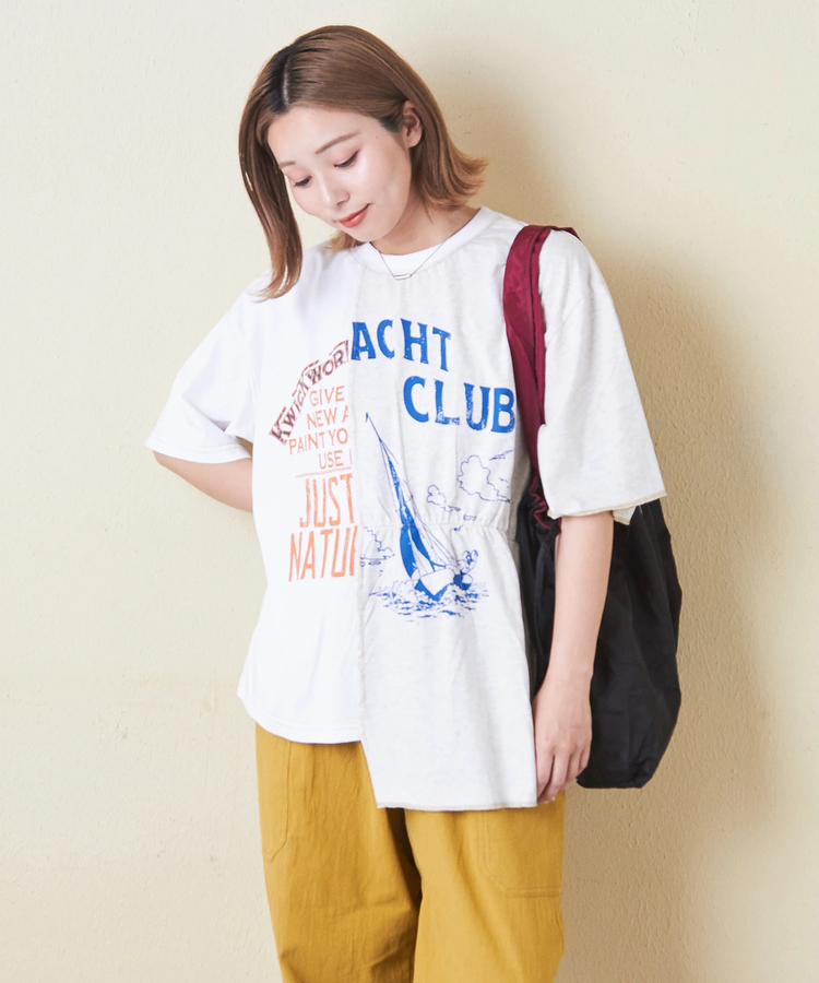 CUBE SUGAR(キューブシュガー) |26/-天竺 パウダー加工 リメイク風 切り替え シャーリング Tシャツ