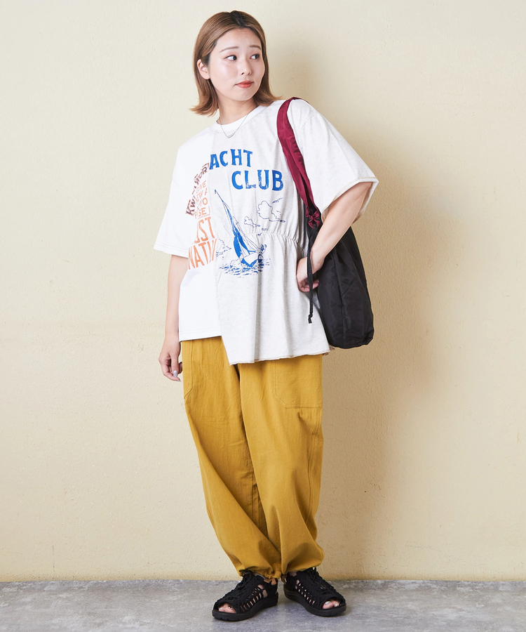 CUBE SUGAR(キューブシュガー) |26/-天竺 パウダー加工 リメイク風 切り替え シャーリング Tシャツ