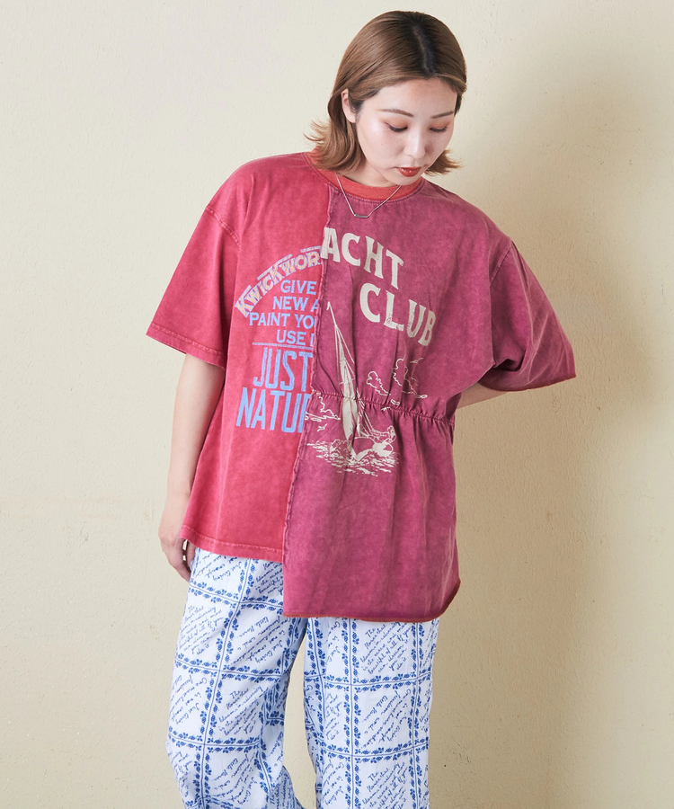CUBE SUGAR(キューブシュガー) |26/-天竺 パウダー加工 リメイク風 切り替え シャーリング Tシャツ