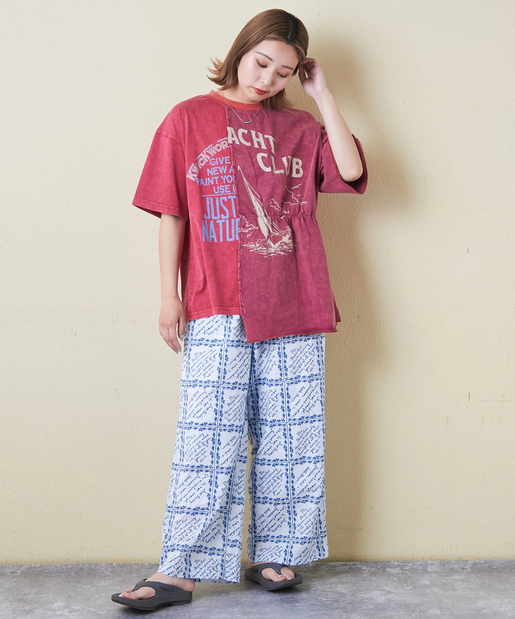 CUBE SUGAR(キューブシュガー) |26/-天竺 パウダー加工 リメイク風 切り替え シャーリング Tシャツ