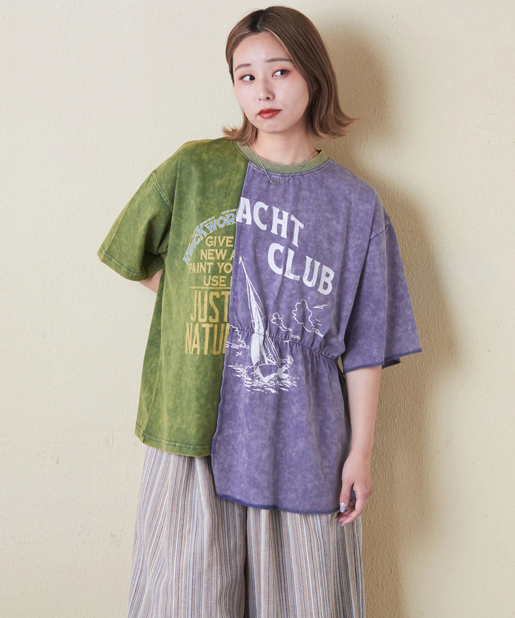 CUBE SUGAR(キューブシュガー) |26/-天竺 パウダー加工 リメイク風 切り替え シャーリング Tシャツ