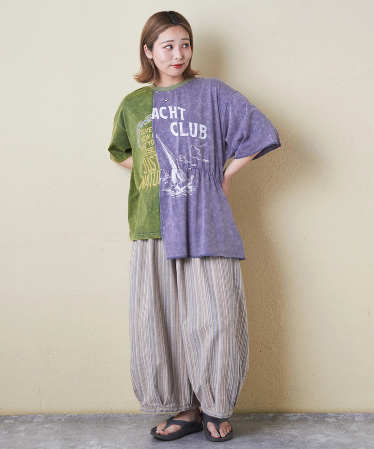 CUBE SUGAR(キューブシュガー) |26/-天竺 パウダー加工 リメイク風 切り替え シャーリング Tシャツ