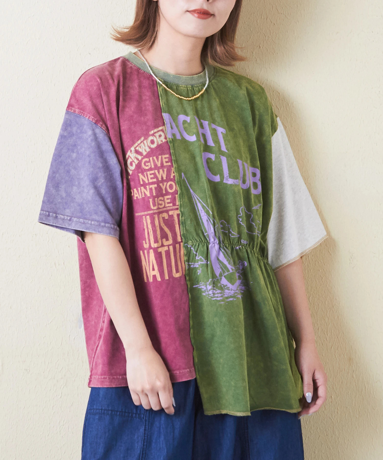 CUBE SUGAR(キューブシュガー) |26/-天竺 パウダー加工 リメイク風 切り替え シャーリング Tシャツ