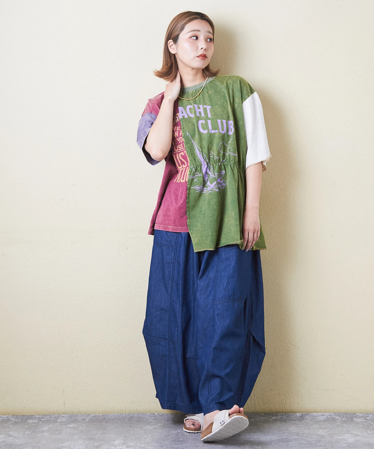 CUBE SUGAR(キューブシュガー) |26/-天竺 パウダー加工 リメイク風 切り替え シャーリング Tシャツ