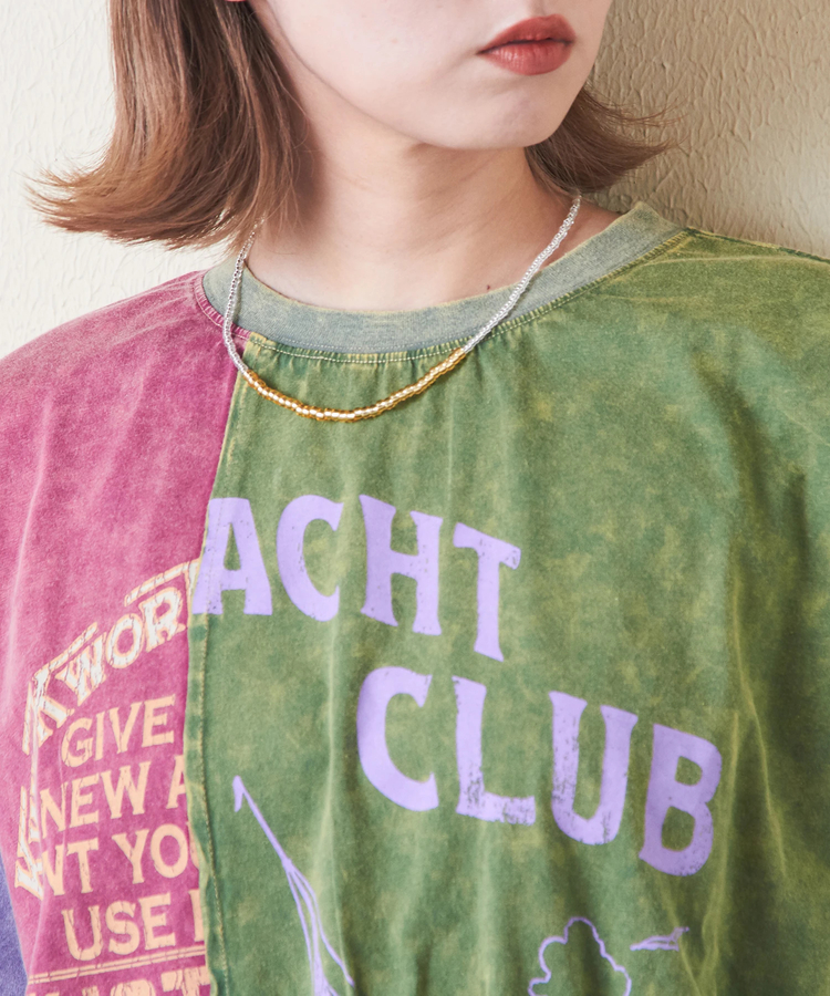 CUBE SUGAR(キューブシュガー) |26/-天竺 パウダー加工 リメイク風 切り替え シャーリング Tシャツ