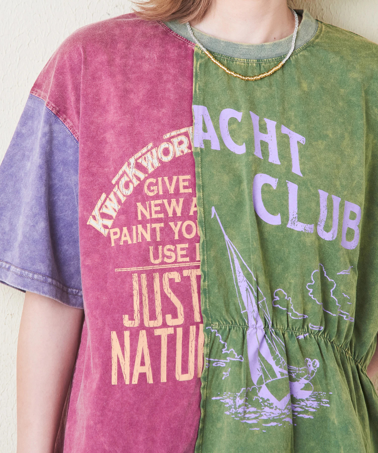 CUBE SUGAR(キューブシュガー) |26/-天竺 パウダー加工 リメイク風 切り替え シャーリング Tシャツ