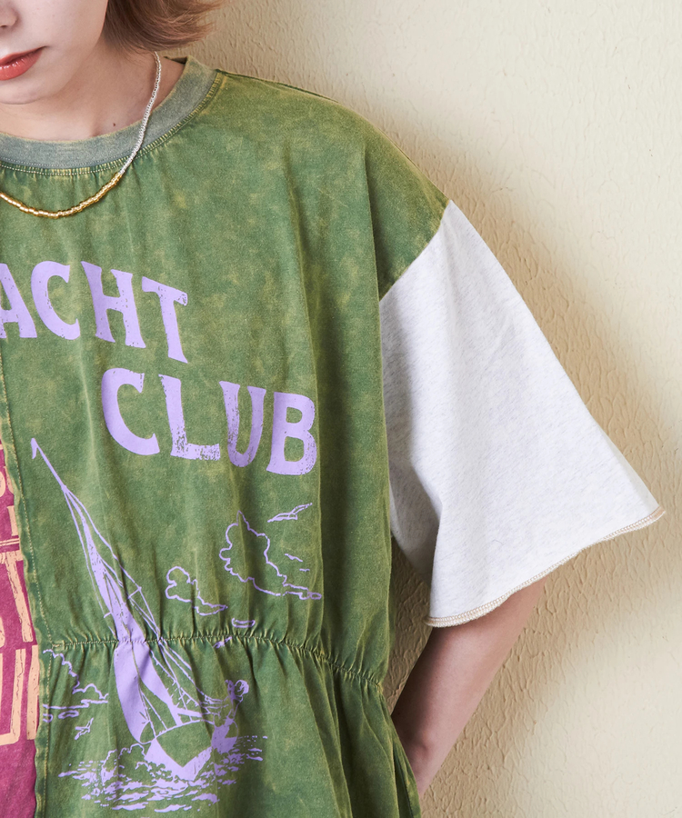 CUBE SUGAR(キューブシュガー) |26/-天竺 パウダー加工 リメイク風 切り替え シャーリング Tシャツ