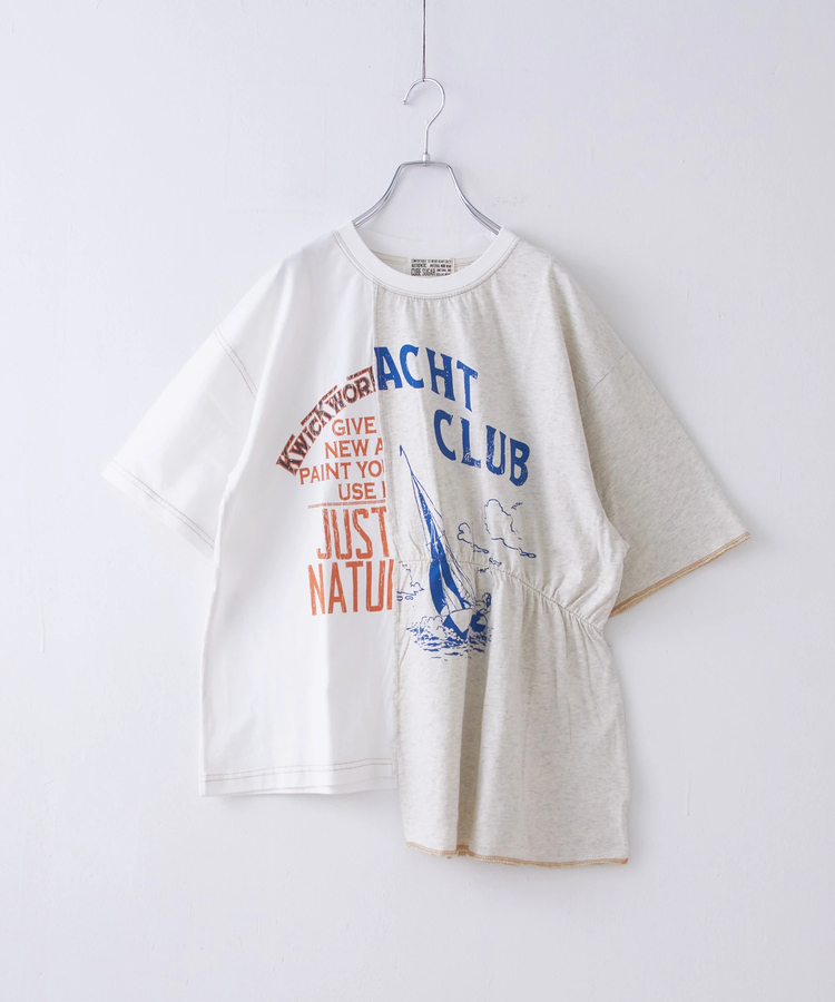 CUBE SUGAR(キューブシュガー) |26/-天竺 パウダー加工 リメイク風 切り替え シャーリング Tシャツ