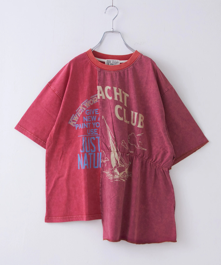 CUBE SUGAR(キューブシュガー) |26/-天竺 パウダー加工 リメイク風 切り替え シャーリング Tシャツ