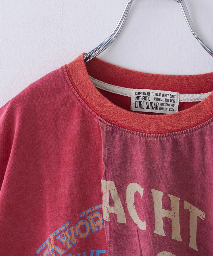 CUBE SUGAR(キューブシュガー) |26/-天竺 パウダー加工 リメイク風 切り替え シャーリング Tシャツ
