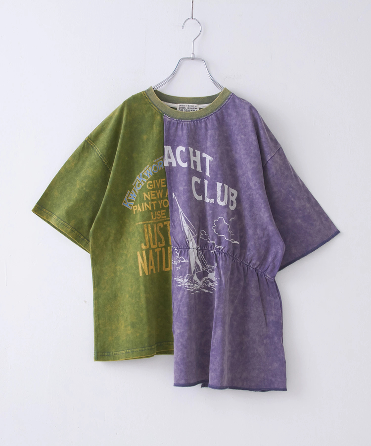 CUBE SUGAR(キューブシュガー) |26/-天竺 パウダー加工 リメイク風 切り替え シャーリング Tシャツ