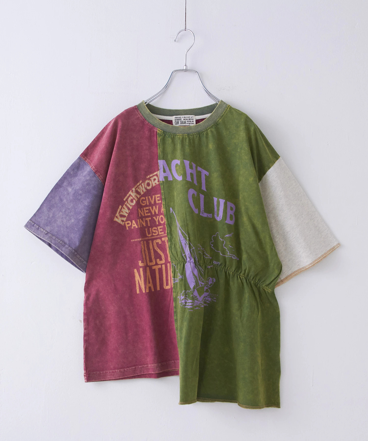 CUBE SUGAR(キューブシュガー) |26/-天竺 パウダー加工 リメイク風 切り替え シャーリング Tシャツ