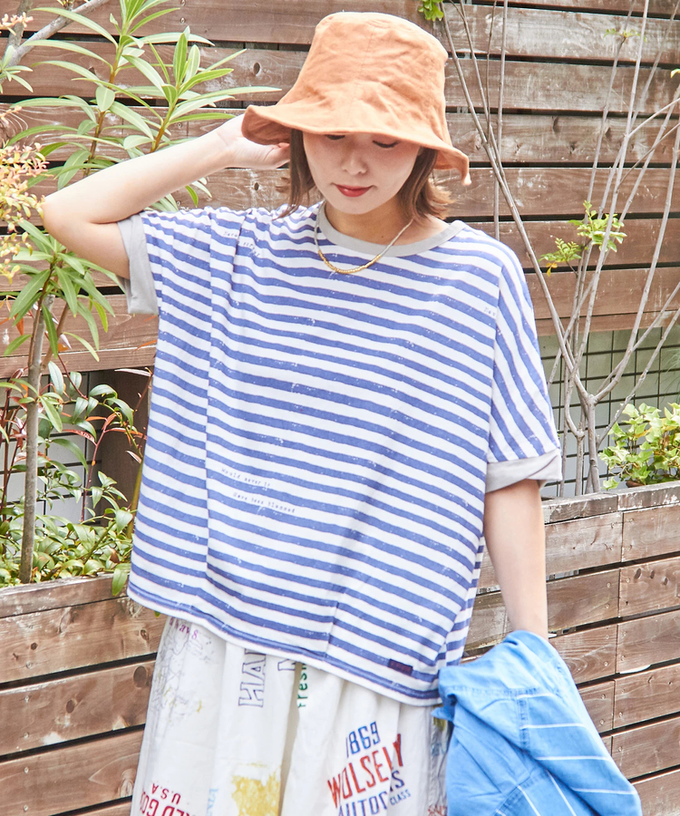 CUBE SUGAR(キューブシュガー) |【6/12(木)販売】26/-OE天竺 かすれ ボーダー プリント 汗染み防止 加工 ドルマン Tシャツ