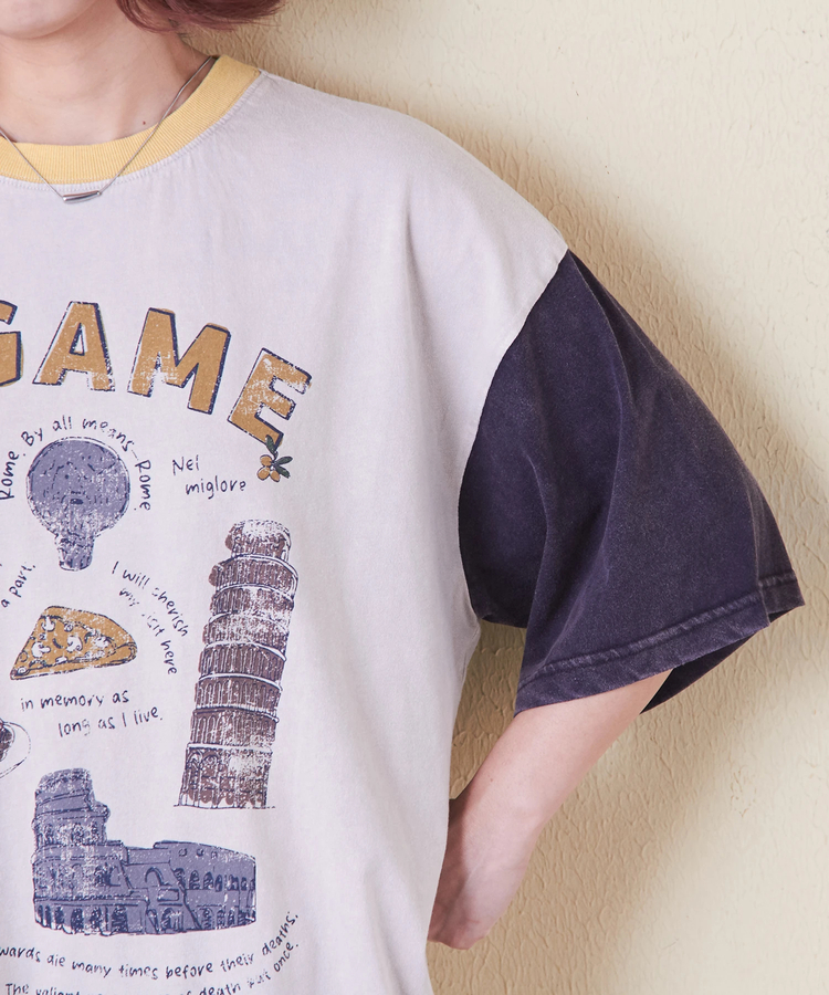 CUBE SUGAR(キューブシュガー) |26/-天竺 パウダー加工 イタリア プリント ビッグ Tシャツ