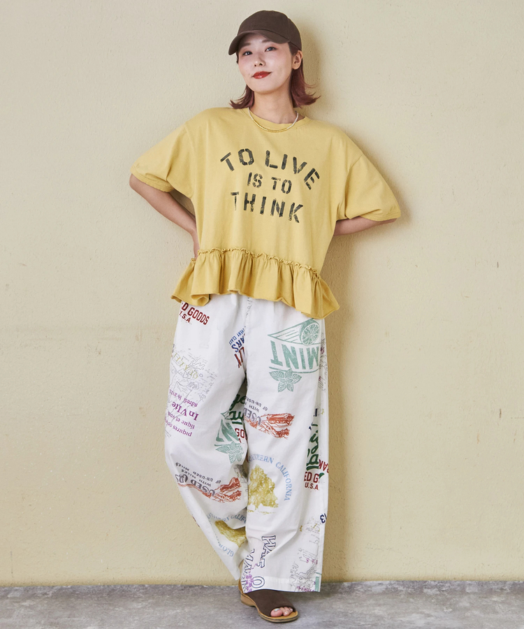 CUBE SUGAR(キューブシュガー) |26/-天竺 パウダー加工 裾ギャザー ロゴ Tシャツ
