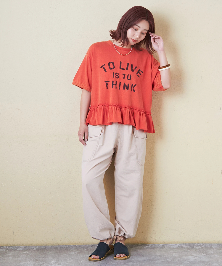 CUBE SUGAR(キューブシュガー) |26/-天竺 パウダー加工 裾ギャザー ロゴ Tシャツ