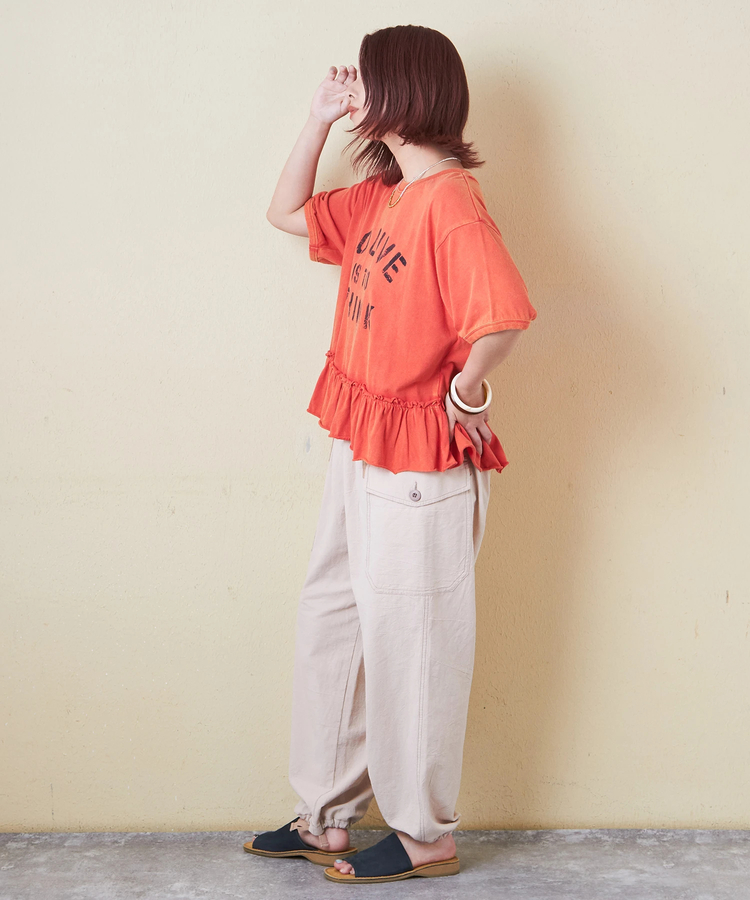 CUBE SUGAR(キューブシュガー) |26/-天竺 パウダー加工 裾ギャザー ロゴ Tシャツ
