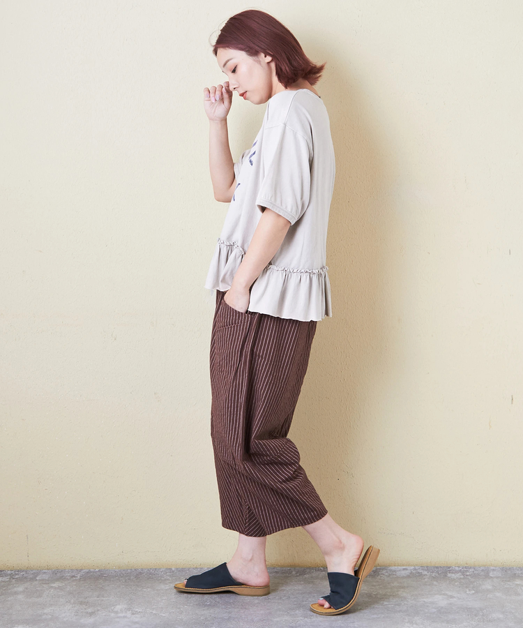 CUBE SUGAR(キューブシュガー) |26/-天竺 パウダー加工 裾ギャザー ロゴ Tシャツ