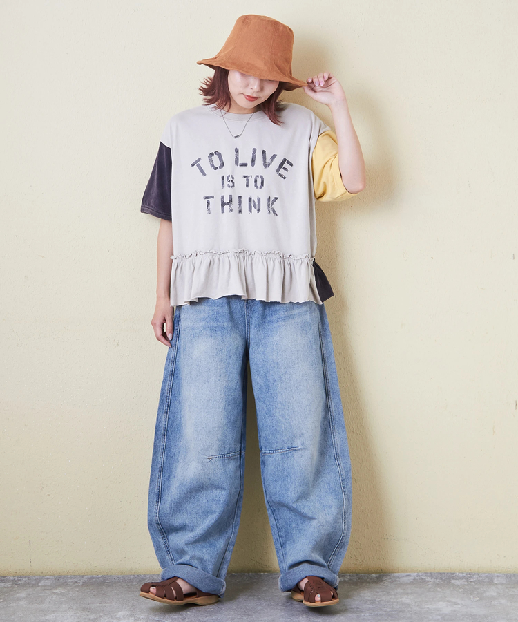 CUBE SUGAR(キューブシュガー) |26/-天竺 パウダー加工 裾ギャザー ロゴ Tシャツ