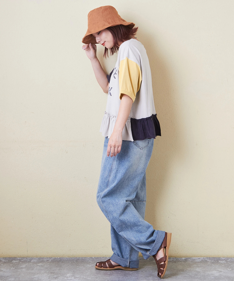 CUBE SUGAR(キューブシュガー) |26/-天竺 パウダー加工 裾ギャザー ロゴ Tシャツ