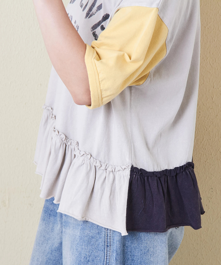 CUBE SUGAR(キューブシュガー) |26/-天竺 パウダー加工 裾ギャザー ロゴ Tシャツ