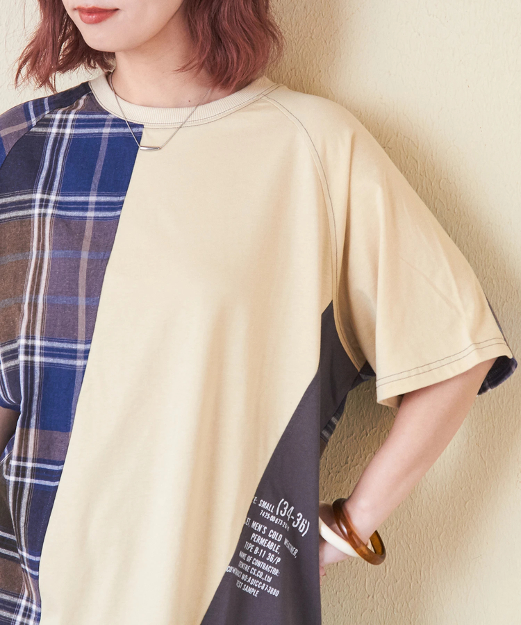 CUBE SUGAR(キューブシュガー) |先染め チェック 切替 ラグラン Tシャツ