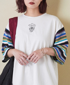 21/-OE天竺 透かし編 ボーダー スリーブ Tシャツ