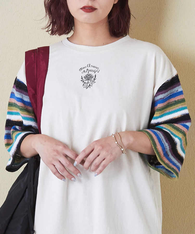 CUBE SUGAR(キューブシュガー) |21/-OE天竺 透かし編 ボーダー スリーブ Tシャツ