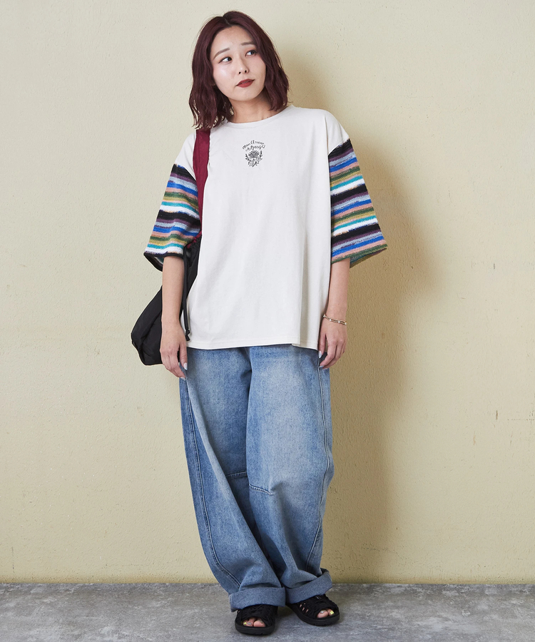 CUBE SUGAR(キューブシュガー) |21/-OE天竺 透かし編 ボーダー スリーブ Tシャツ