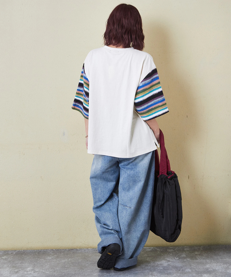 CUBE SUGAR(キューブシュガー) |21/-OE天竺 透かし編 ボーダー スリーブ Tシャツ