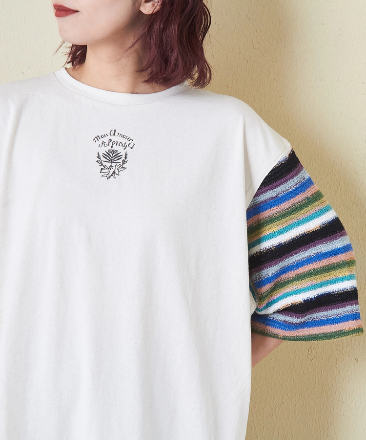 CUBE SUGAR(キューブシュガー) |21/-OE天竺 透かし編 ボーダー スリーブ Tシャツ