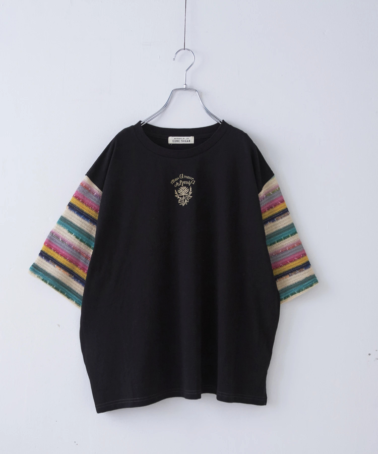 CUBE SUGAR(キューブシュガー) |21/-OE天竺 透かし編 ボーダー スリーブ Tシャツ
