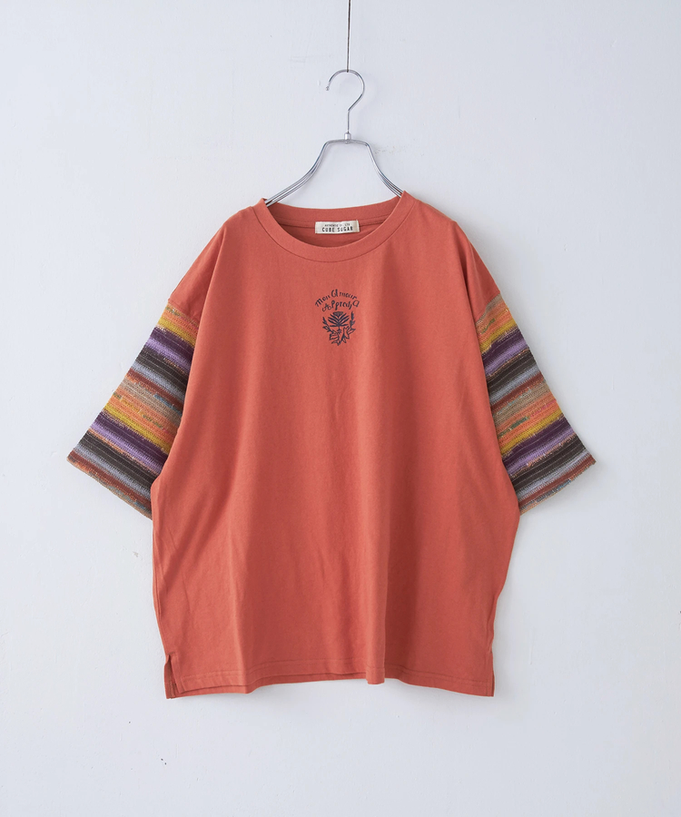 CUBE SUGAR(キューブシュガー) |21/-OE天竺 透かし編 ボーダー スリーブ Tシャツ