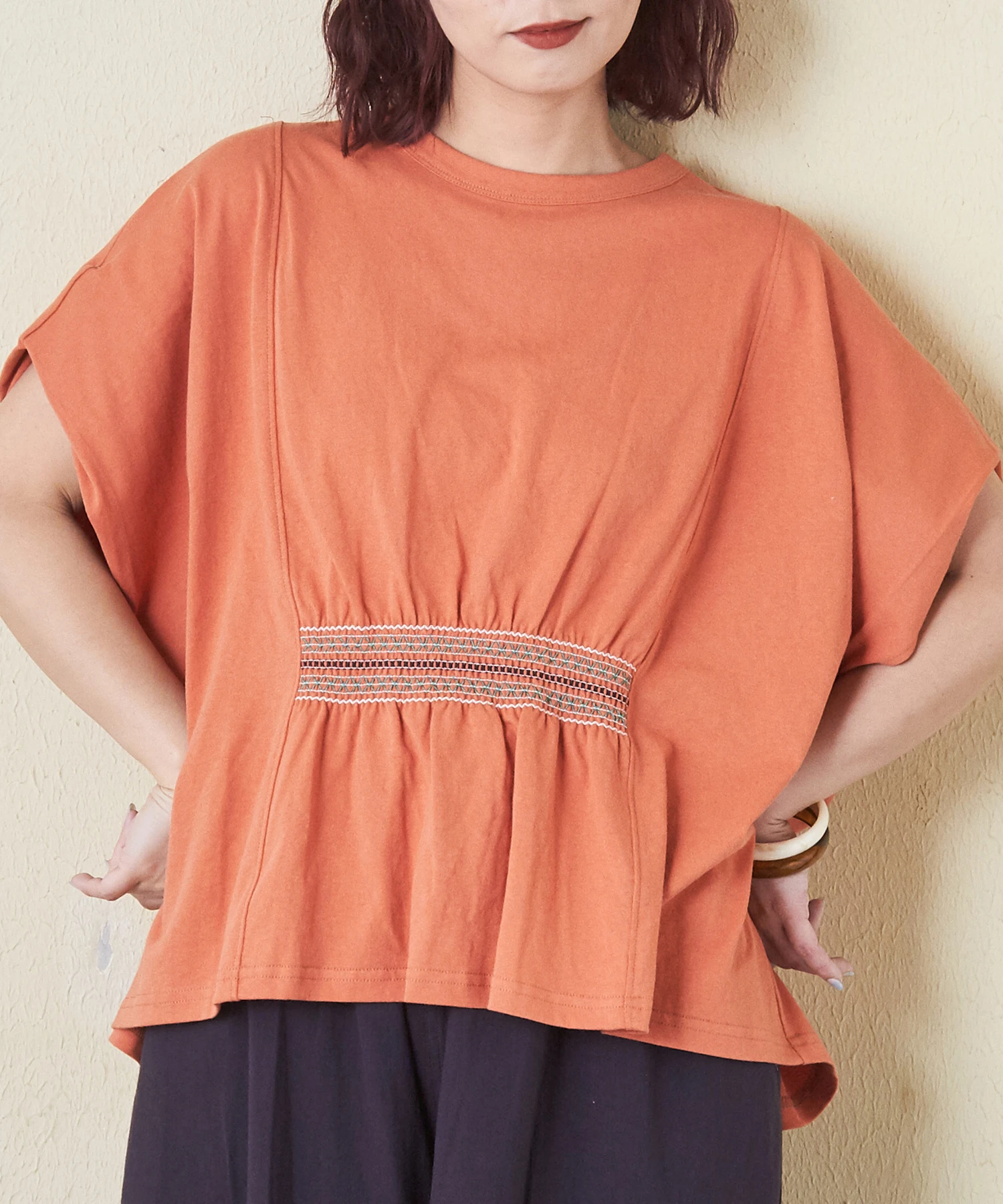 tシャツ 21/-OE天竺スモッキング刺繍プルオーバー レディース 21/-OE天竺 スモッキング 刺繍 プルオーバー｜ファッション通販