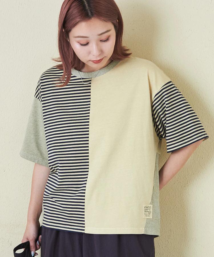 CUBE SUGAR(キューブシュガー) |21/-天竺 無地 × ボーダー ミックス 切替 Tシャツ