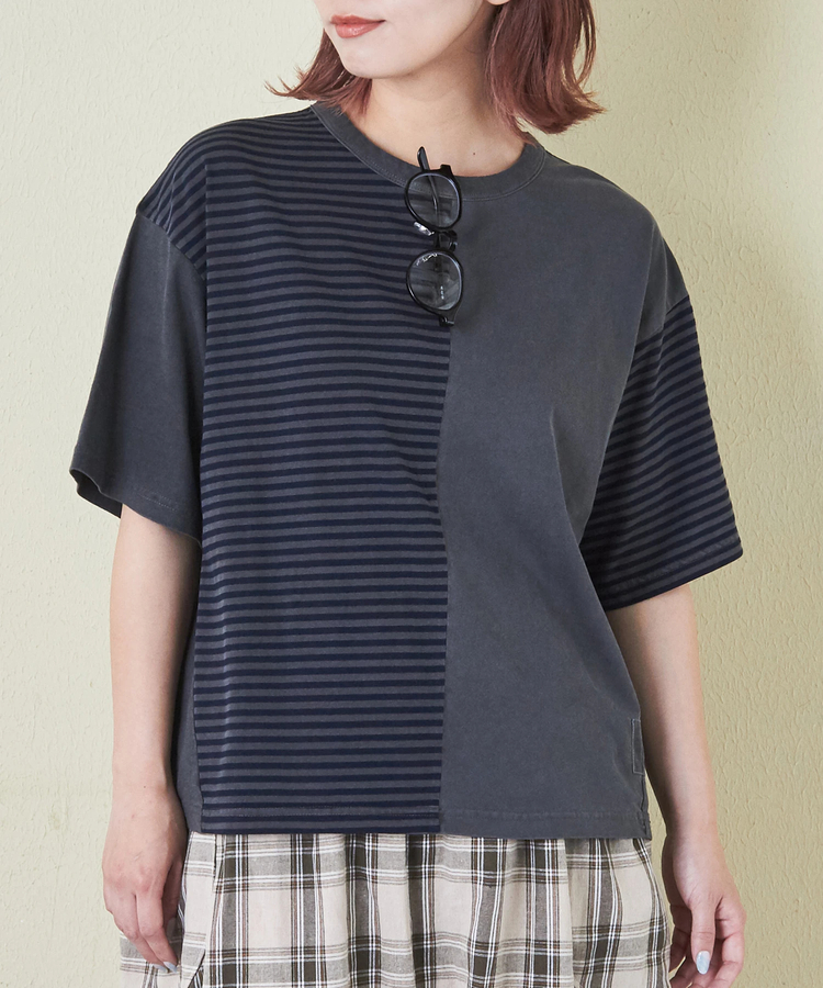 CUBE SUGAR(キューブシュガー) |21/-天竺 無地 × ボーダー ミックス 切替 Tシャツ