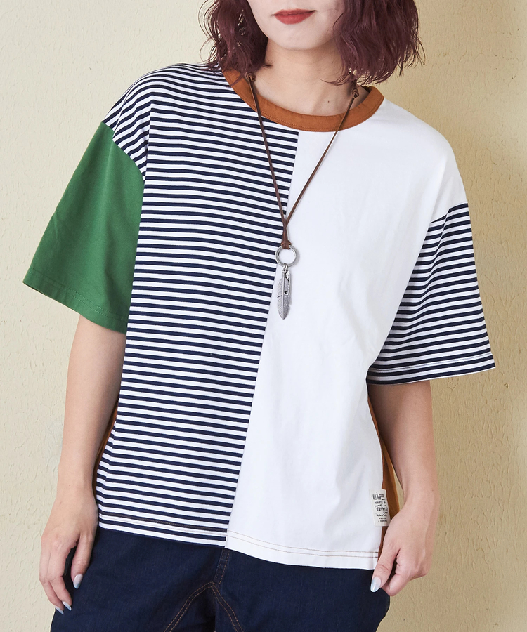 CUBE SUGAR(キューブシュガー) |21/-天竺 無地 × ボーダー ミックス 切替 Tシャツ