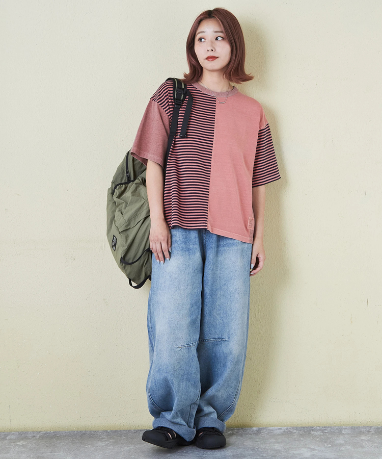 CUBE SUGAR(キューブシュガー) |21/-天竺 無地 × ボーダー ミックス 切替 Tシャツ