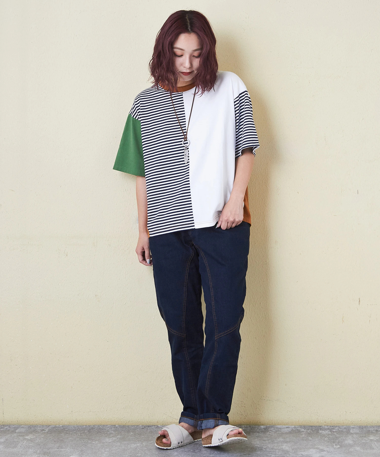 CUBE SUGAR(キューブシュガー) |21/-天竺 無地 × ボーダー ミックス 切替 Tシャツ