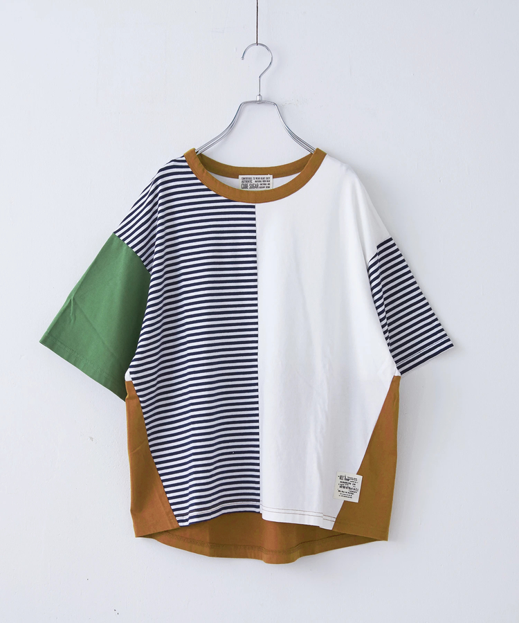 CUBE SUGAR(キューブシュガー) |21/-天竺 無地 × ボーダー ミックス 切替 Tシャツ